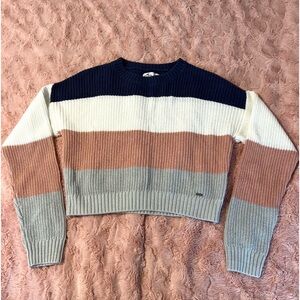dark blue, white, light pink, and teal hollister cropped striped sweater